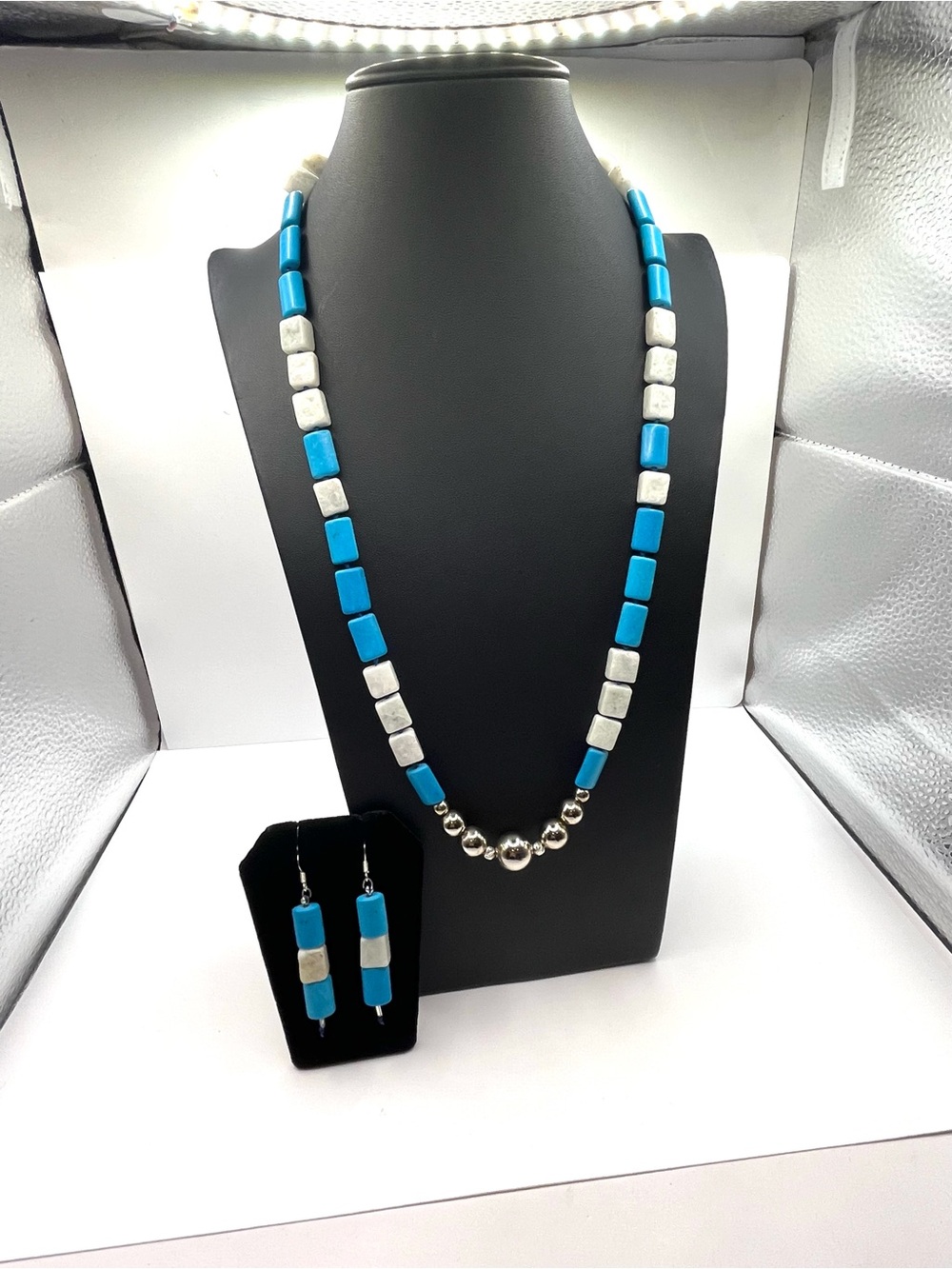 Artisan Blue & White Beaded Necklace Set with Silver Accents Magnetic Closure